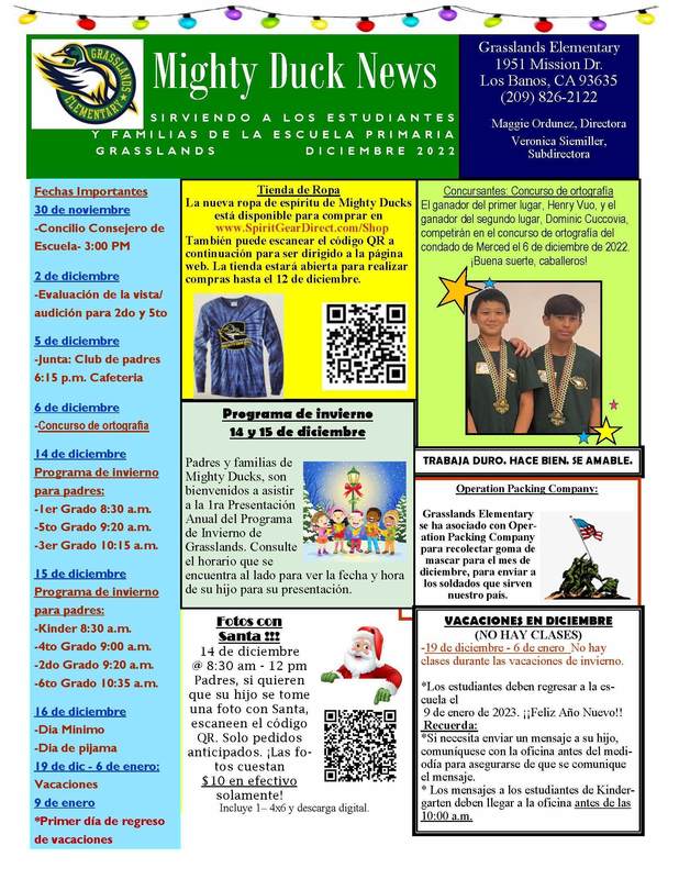 December Mighty Duck News Grasslands Elementary