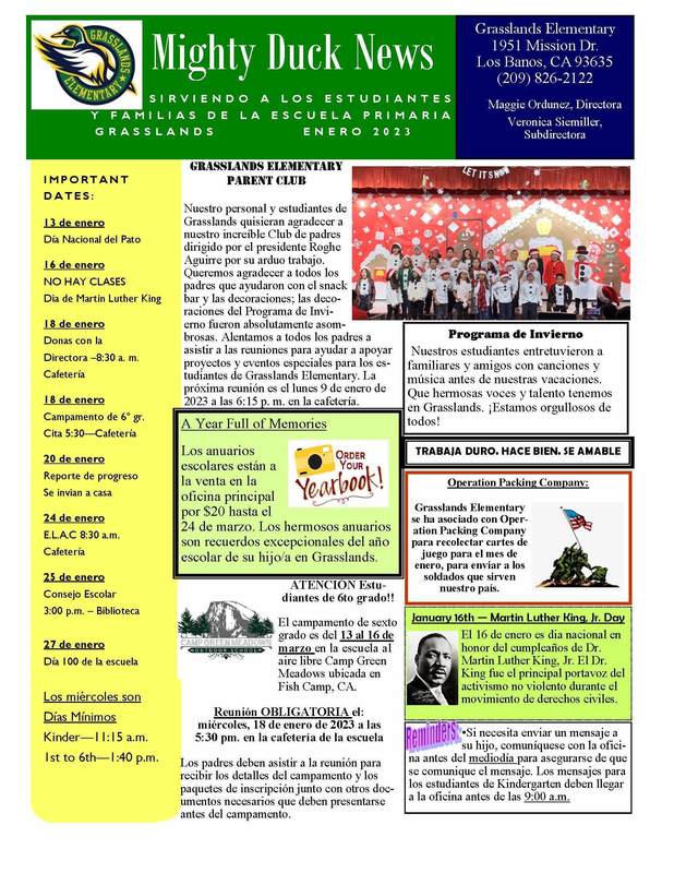 January Mighty Duck News Grasslands Elementary